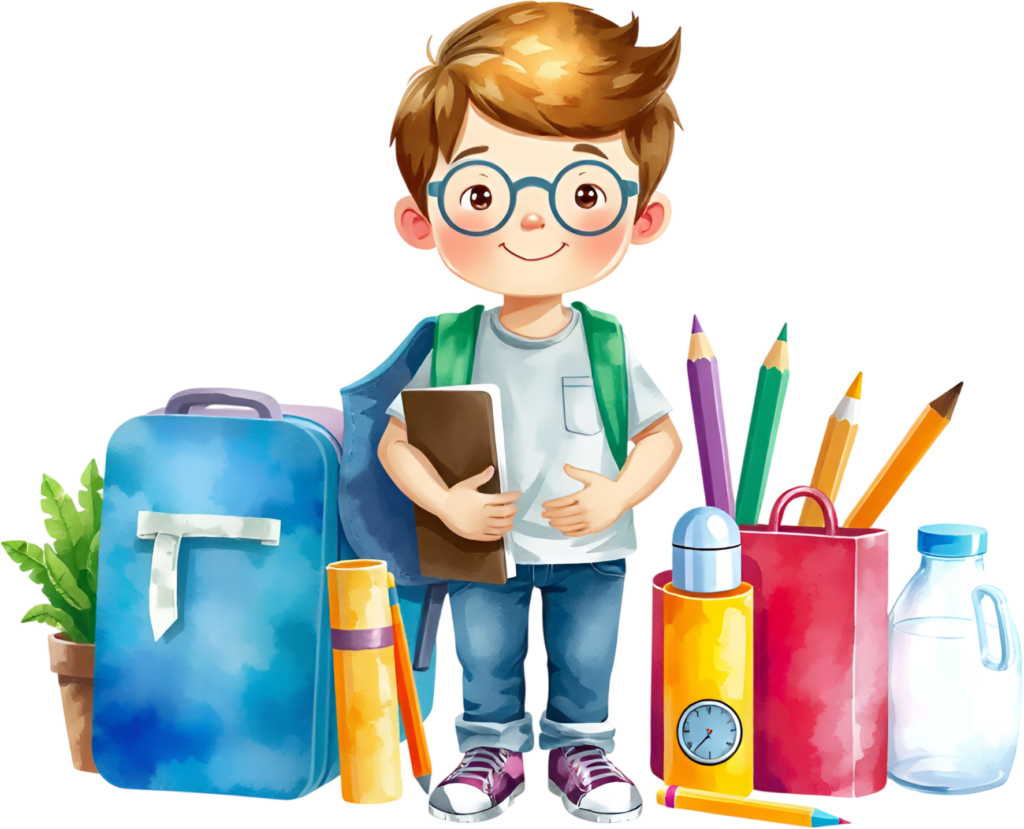Promote organization with this prepared school boy, backpack, notebook, surrounded by various school supplies, a ready-for-class PNG illustration 1 - Promote organization with this prepared school boy, backpack, notebook, surrounded by various school supplies, a ready-for-class PNG illustration Free PNG Download