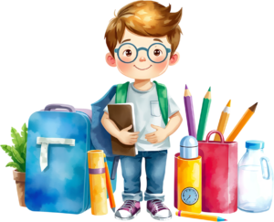 Promote organization with this prepared school boy, backpack, notebook, surrounded by various school supplies, a ready-for-class PNG illustration