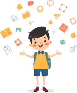 Stimulate creativity with this inventive school boy, arms outstretched, surrounded by various idea and learning icons, a conceptual PNG illustration
