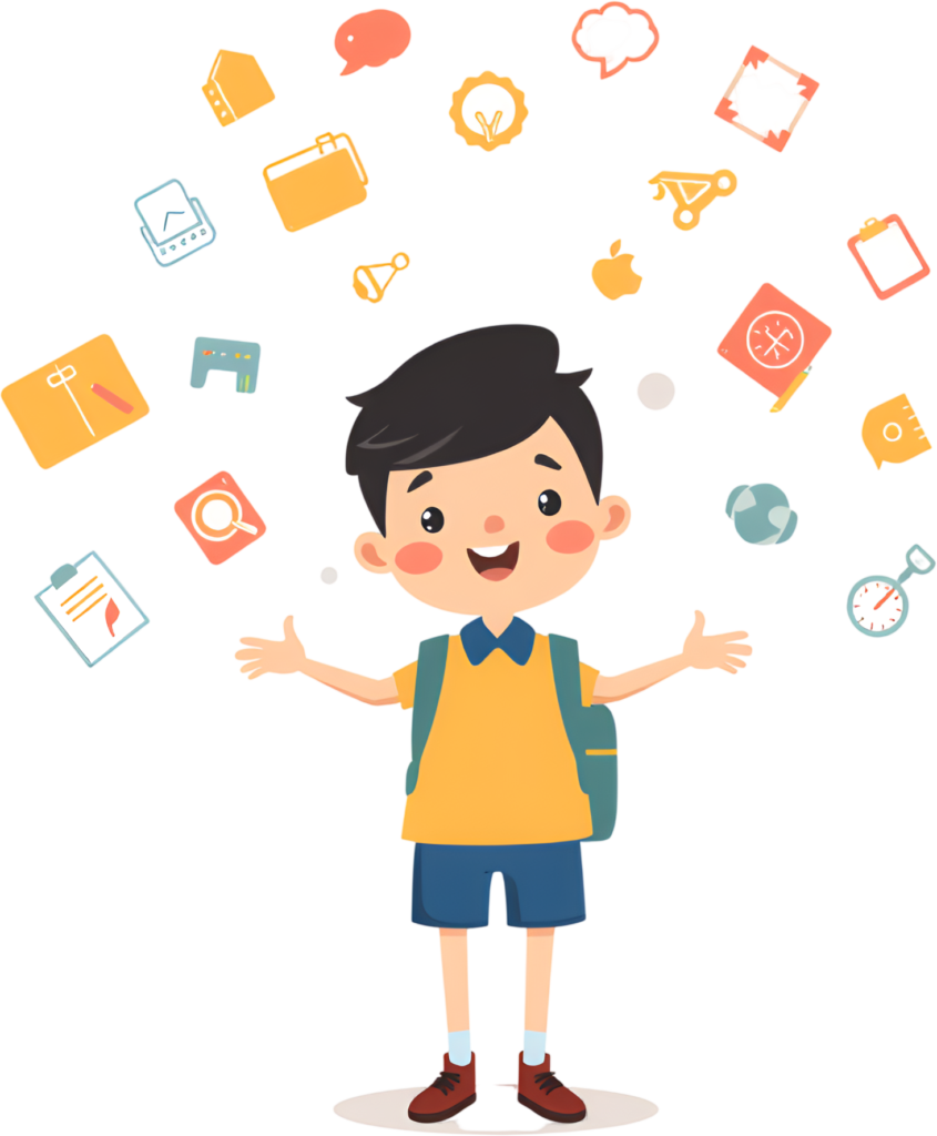 Stimulate creativity with this inventive school boy, arms outstretched, surrounded by various idea and learning icons, a conceptual PNG illustration 1 - Stimulate creativity with this inventive school boy, arms outstretched, surrounded by various idea and learning icons, a conceptual PNG illustration Free PNG Download