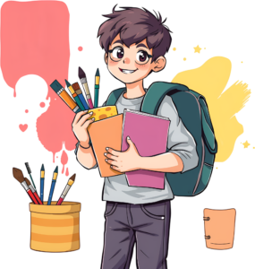 Express artistic talent with this creative school boy holding art supplies and books, backpack, vibrant paint splatters, a spirited PNG illustration