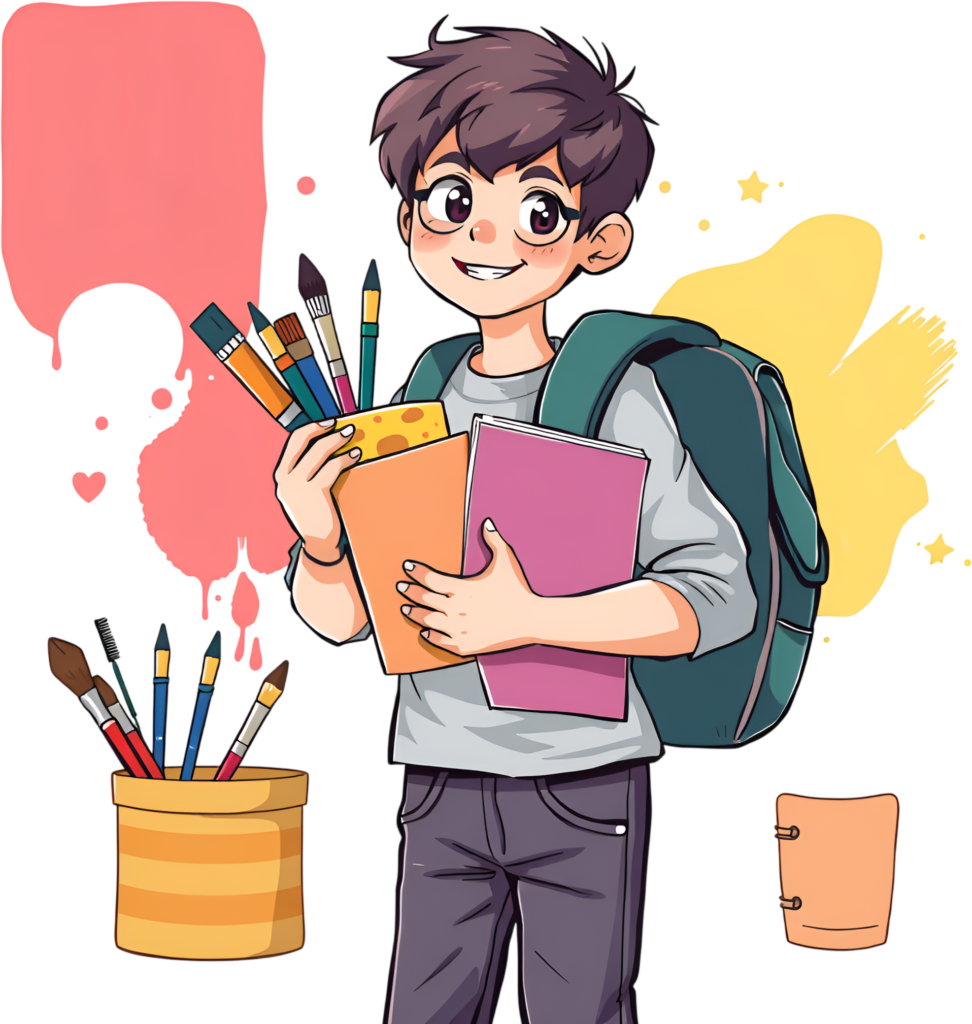 Express artistic talent with this creative school boy holding art supplies and books, backpack, vibrant paint splatters, a spirited PNG illustration 1 - Express artistic talent with this creative school boy holding art supplies and books, backpack, vibrant paint splatters, a spirited PNG illustration Free PNG Download