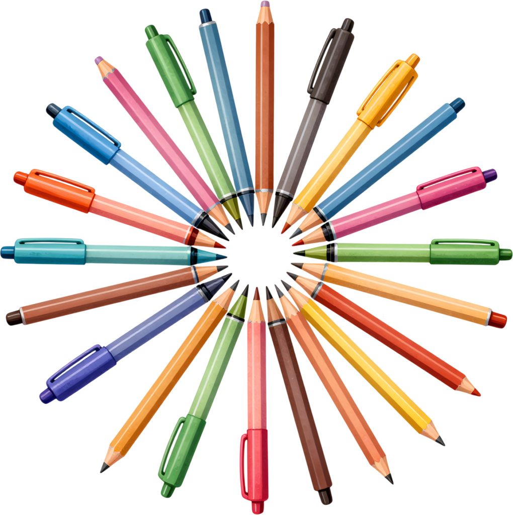 Vibrant colorful writing pens arranged in a beautiful circular pattern, perfect for school event Clipart PNG designs 1 - Vibrant colorful writing pens arranged in a beautiful circular pattern, perfect for school event Clipart PNG designs Free PNG Download