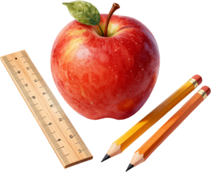 Enhance your classroom projects with this classic red apple, wooden ruler, and two pencils Clipart PNG