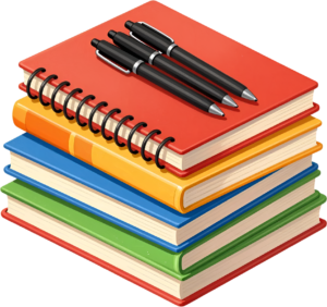 Discover this organized stack of four vibrant spiral notebooks accompanied by three sleek black pens Clipart PNG