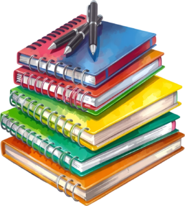 Brighten your educational resources with this tall stack of six colorful spiral notebooks and black pens Clipart PNG