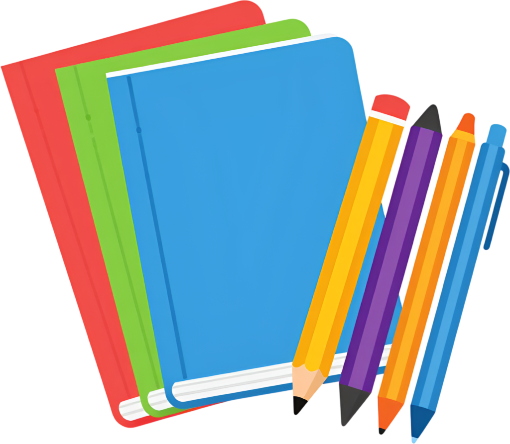 Get ready for school with this essential set of three colorful books and four primary writing tools Clipart PNG 1 - Get ready for school with this essential set of three colorful books and four primary writing tools Clipart PNG Free PNG Download