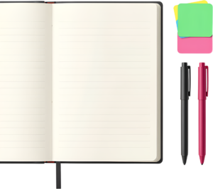 Organize your thoughts with this elegant open lined notebook, brightly colored sticky notes, and two pens Clipart PNG