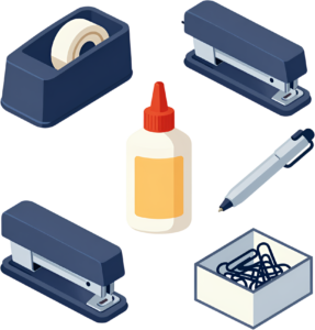 Streamline your administrative tasks with this collection of essential isometric office supplies Clipart PNG