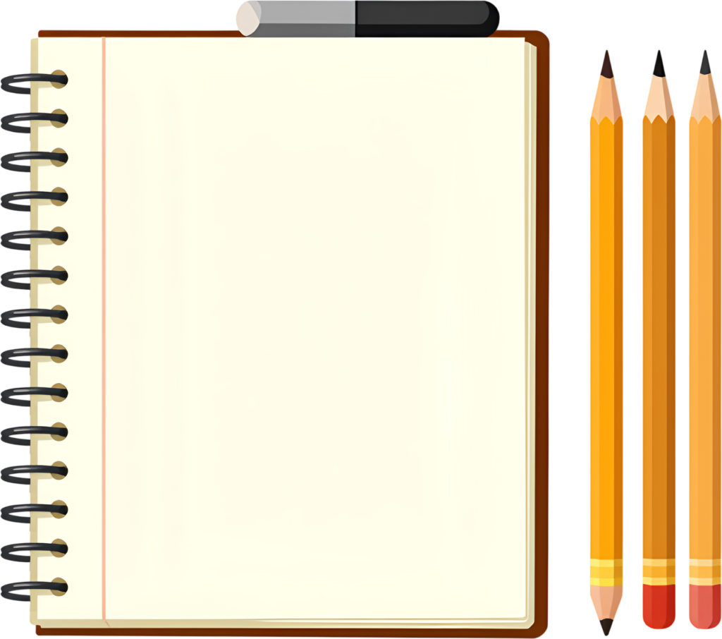 - Prepare for creativity and learning with this classic spiral notebook, convenient eraser, and three pencils Clipart PNG Free PNG Download