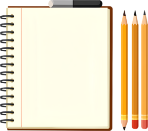 Prepare for creativity and learning with this classic spiral notebook, convenient eraser, and three pencils Clipart PNG