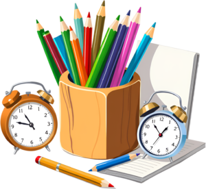 Optimize your study space with a colorful pencil cup, two retro alarm clocks, an open notebook, and loose pencils Clipart PNG
