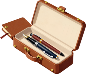 Elegant brown leather briefcase with matching notebook and two pens, a classy vector Illustration for business PNG Clipart