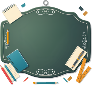 Vintage-inspired school blackboard with decorative frame, surrounded by assorted stationery elements, perfect for educational PNG Illustration Clipart