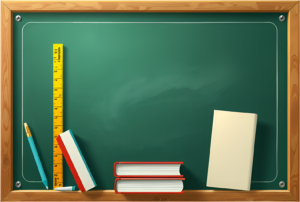 Ideal for classroom settings, this traditional green chalkboard features a wooden frame, books, ruler, and a pen Clipart Illustration PNG