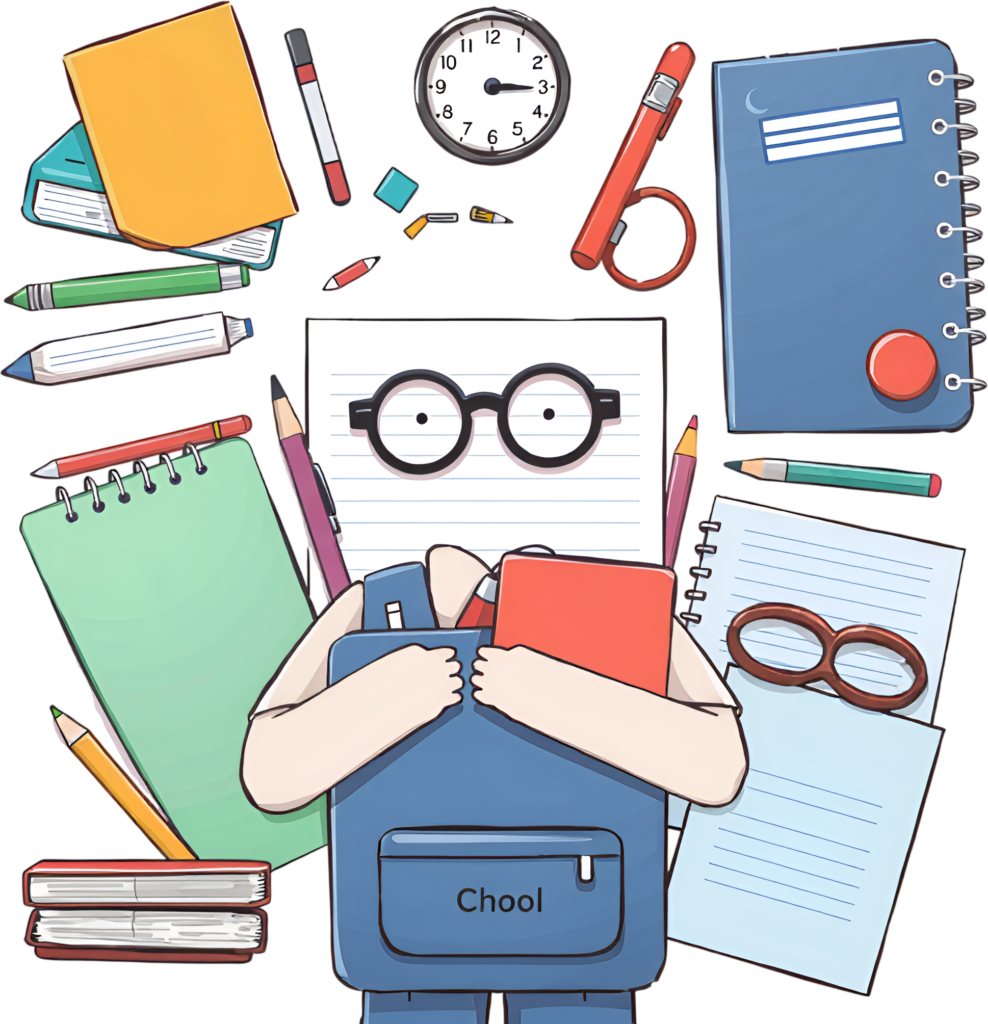 A bustling student backpack, brimming with diverse school essentials like books, pens, and glasses, depicted in this dynamic PNG Illustration Clipart 1 - A bustling student backpack, brimming with diverse school essentials like books, pens, and glasses, depicted in this dynamic PNG Illustration Clipart Free PNG Download