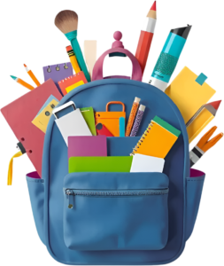 Exhibiting a vibrant blue school backpack overflowing with a colorful assortment of essential supplies, perfect for any Illustration Clipart PNG