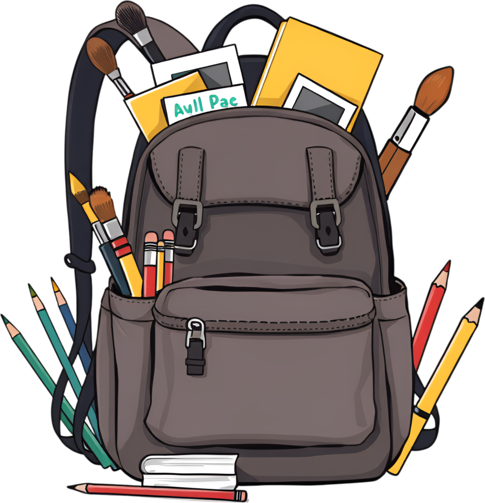 A stylish dark brown art backpack, thoughtfully filled with paintbrushes, pencils, and drawing pads, presented as a premium Illustration PNG Clipart 1 - A stylish dark brown art backpack, thoughtfully filled with paintbrushes, pencils, and drawing pads, presented as a premium Illustration PNG Clipart Free PNG Download