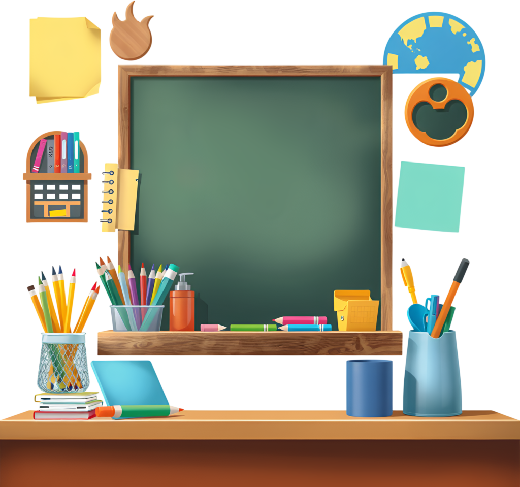 - Presenting a classroom desk scene, complete with a green chalkboard, a shelf, and various study items, perfect for academic Clipart Illustration PNG Free PNG Download