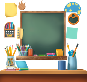 Presenting a classroom desk scene, complete with a green chalkboard, a shelf, and various study items, perfect for academic Clipart Illustration PNG