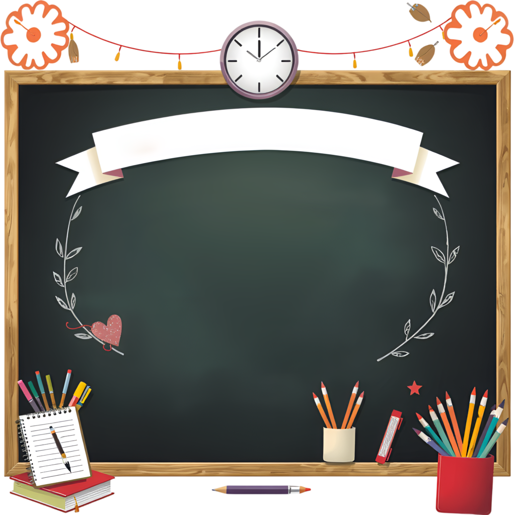 Adorned with a clock and decorative banner, this festive classroom chalkboard is surrounded by vibrant school supplies, an engaging PNG Illustration Clipart 1 - Adorned with a clock and decorative banner, this festive classroom chalkboard is surrounded by vibrant school supplies, an engaging PNG Illustration Clipart Free PNG Download