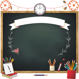 Adorned with a clock and decorative banner, this festive classroom chalkboard is surrounded by vibrant school supplies, an engaging PNG Illustration Clipart