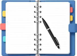Plan your schedule efficiently with this functional open ring-bound planner, complete with colorful tabs and a pen Clipart PNG