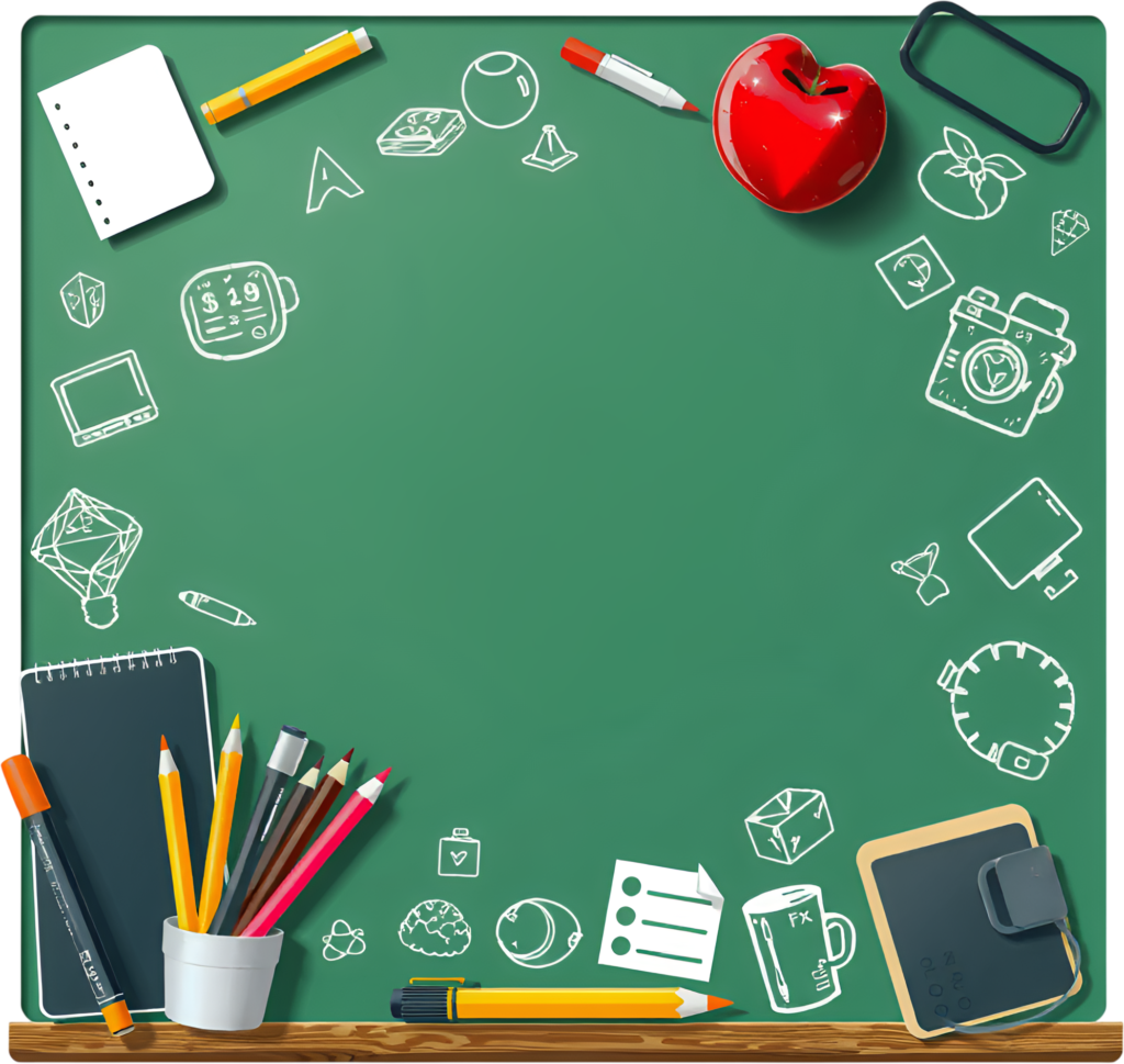 Visualize an interactive green chalkboard with whimsical doodle icons, accompanied by a bright red apple and essential stationery Clipart Illustration PNG 1 - Visualize an interactive green chalkboard with whimsical doodle icons, accompanied by a bright red apple and essential stationery Clipart Illustration PNG Free PNG Download