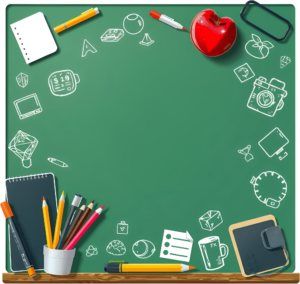 Visualize an interactive green chalkboard with whimsical doodle icons, accompanied by a bright red apple and essential stationery Clipart Illustration PNG