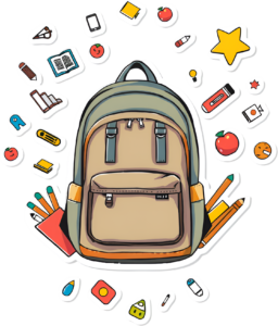 Discover this adventure-ready beige backpack, surrounded by an assortment of charming school-themed stickers, offered as a versatile PNG Clipart Illustration