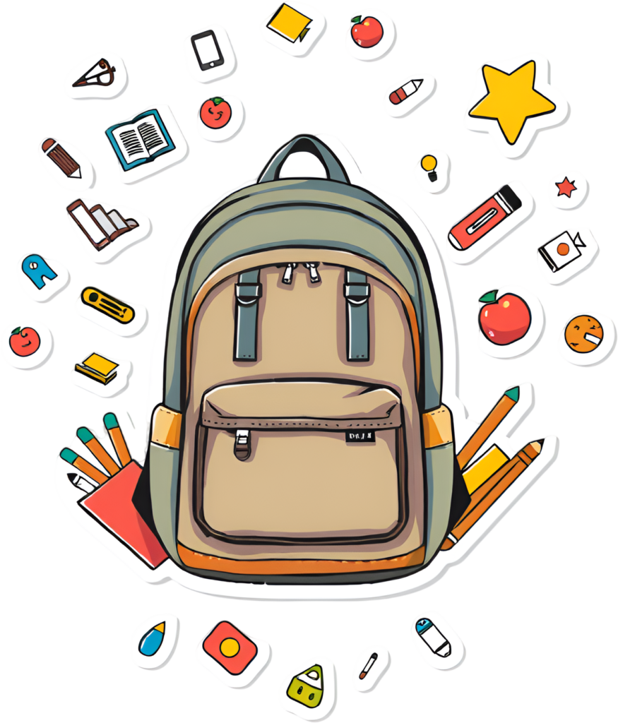 Discover this adventure-ready beige backpack, surrounded by an assortment of charming school-themed stickers, offered as a versatile PNG Clipart Illustration 1 - Discover this adventure-ready beige backpack, surrounded by an assortment of charming school-themed stickers, offered as a versatile PNG Clipart Illustration Free PNG Download