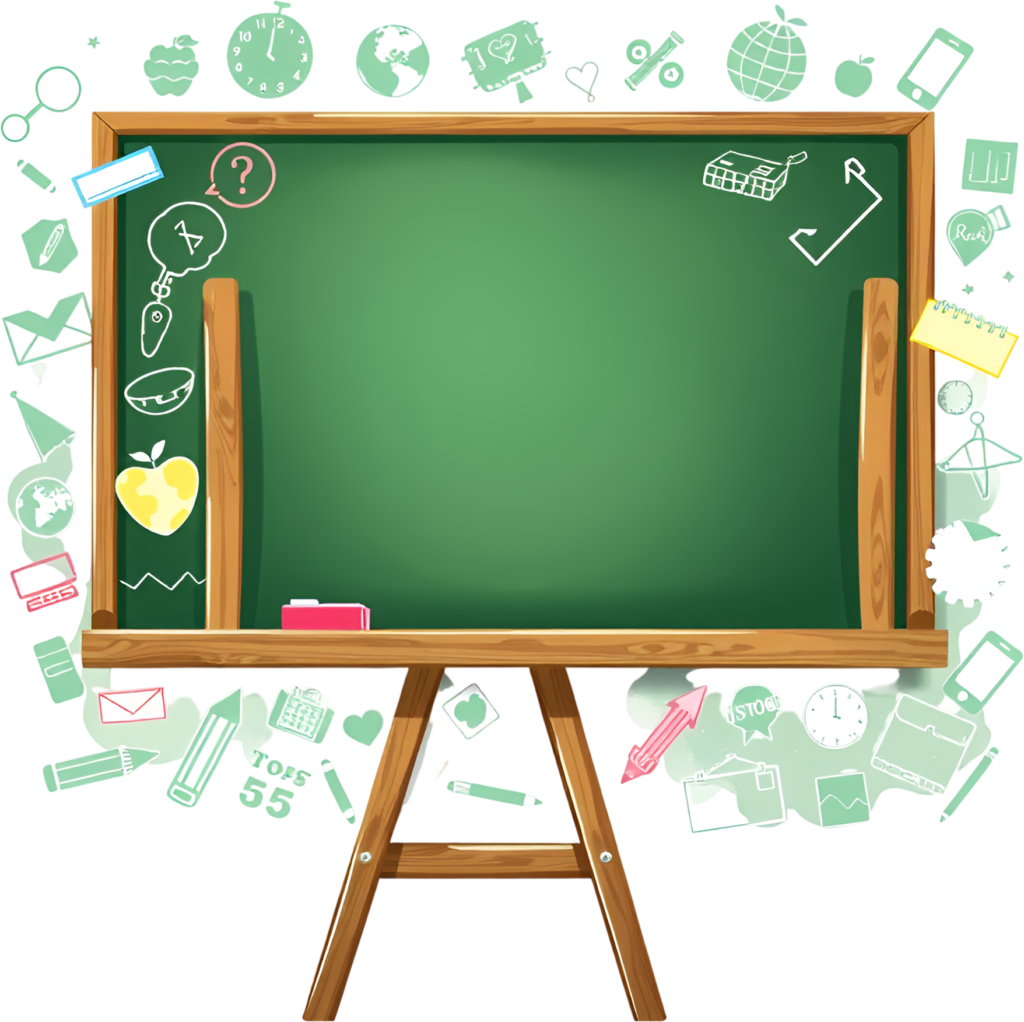 Framed by light green doodle icons, a freestanding classroom easel with a blackboard awaits your text, a conceptual Clipart Illustration PNG 1 - Framed by light green doodle icons, a freestanding classroom easel with a blackboard awaits your text, a conceptual Clipart Illustration PNG Free PNG Download
