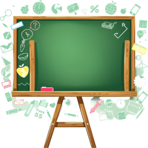 Framed by light green doodle icons, a freestanding classroom easel with a blackboard awaits your text, a conceptual Clipart Illustration PNG