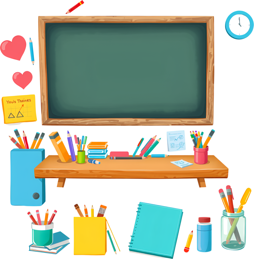 Setting up a home learning workspace, this clean desk features a blackboard, organized supplies, and floating hearts, ready for your creative PNG Clipart Illustration 1 - Setting up a home learning workspace, this clean desk features a blackboard, organized supplies, and floating hearts, ready for your creative PNG Clipart Illustration Free PNG Download