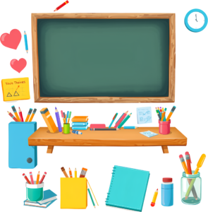 Setting up a home learning workspace, this clean desk features a blackboard, organized supplies, and floating hearts, ready for your creative PNG Clipart Illustration