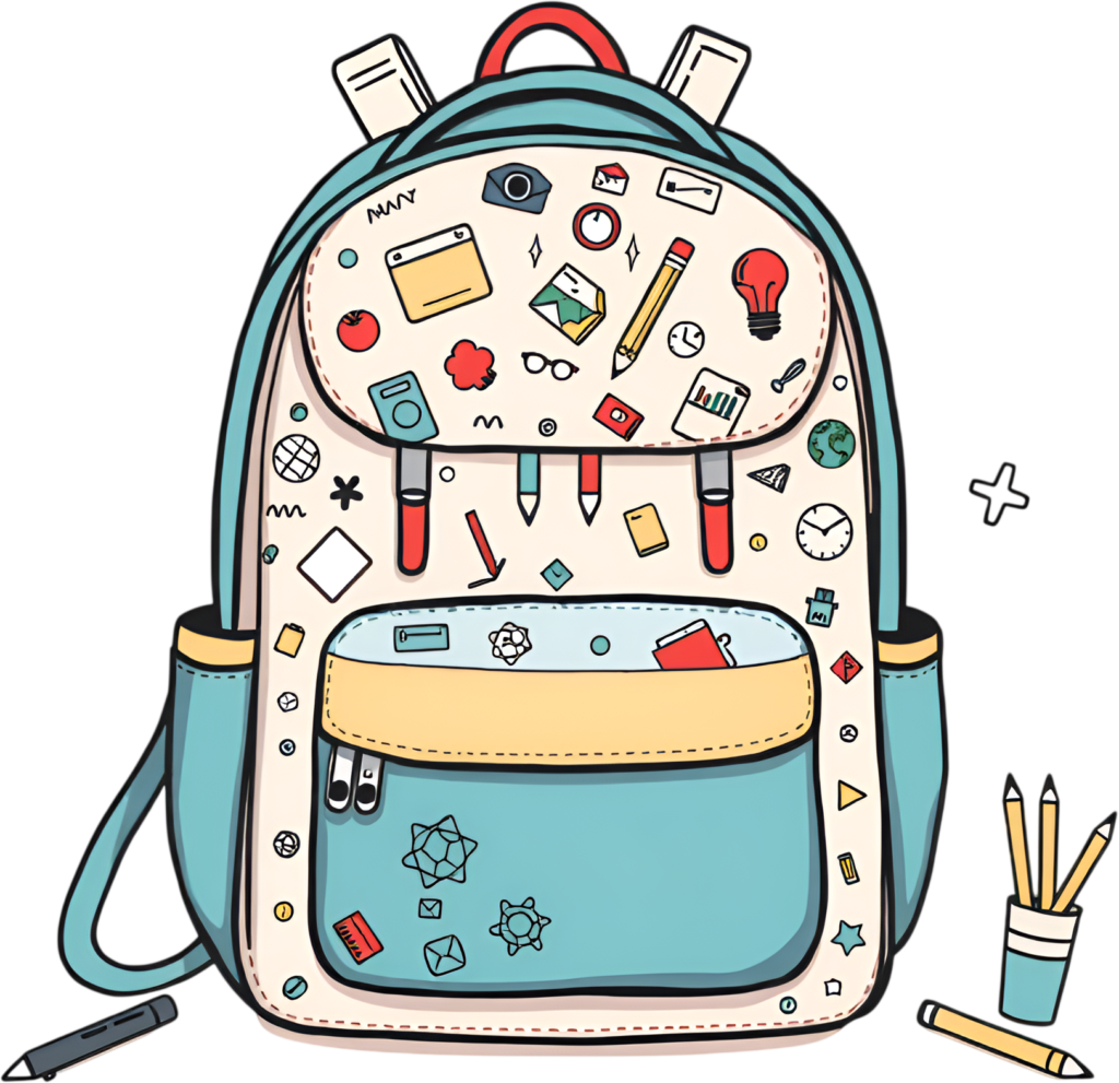 Introduce this modern doodle-patterned backpack, a stylish light blue accessory adorned with creative icons, ideal for school PNG Illustration Clipart 1 - Introduce this modern doodle-patterned backpack, a stylish light blue accessory adorned with creative icons, ideal for school PNG Illustration Clipart Free PNG Download