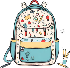 Introduce this modern doodle-patterned backpack, a stylish light blue accessory adorned with creative icons, ideal for school PNG Illustration Clipart