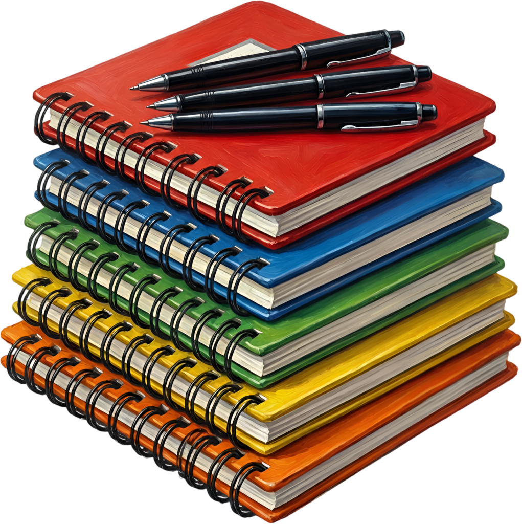 A vibrant stacked spiral notebooks collection, complete with three elegant pens, perfect for your academic and creative Illustration PNG Clipart 1 - A vibrant stacked spiral notebooks collection, complete with three elegant pens, perfect for your academic and creative Illustration PNG Clipart Free PNG Download