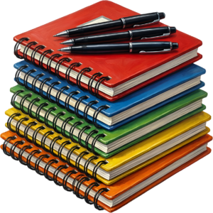 A vibrant stacked spiral notebooks collection, complete with three elegant pens, perfect for your academic and creative Illustration PNG Clipart