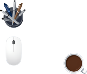 Design your digital workspace featuring a modern pen holder, ergonomic computer mouse, and a comforting coffee cup Clipart PNG