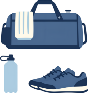 Gear up for your workout with this essential collection of a blue gym bag, towel, water bottle, and athletic shoes Clipart PNG