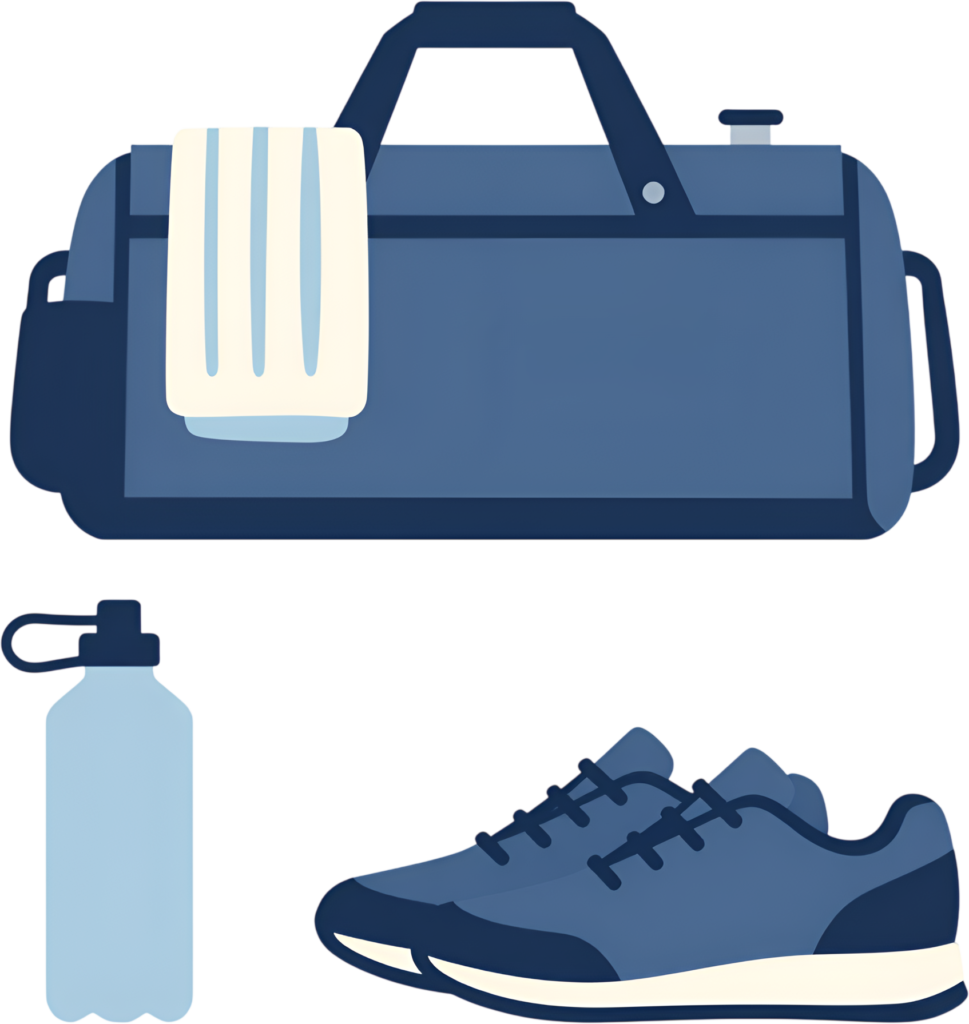 Gear up for your workout with this essential collection of a blue gym bag, towel, water bottle, and athletic shoes Clipart PNG 1 - Gear up for your workout with this essential collection of a blue gym bag, towel, water bottle, and athletic shoes Clipart PNG Free PNG Download
