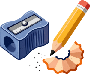 Sharpen your artistic skills with this vibrant blue pencil sharpener, yellow pencil, and realistic wood shavings Clipart PNG
