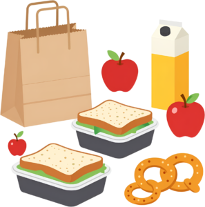 Pack a delicious and balanced school lunch with this brown bag, crisp apples, tasty sandwiches, juice, and pretzels Clipart PNG