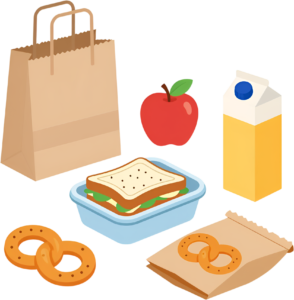 Prepare a delightful meal for school with a brown paper bag, fresh apple, sandwich, juice carton, pretzels, and snack bag Clipart PNG