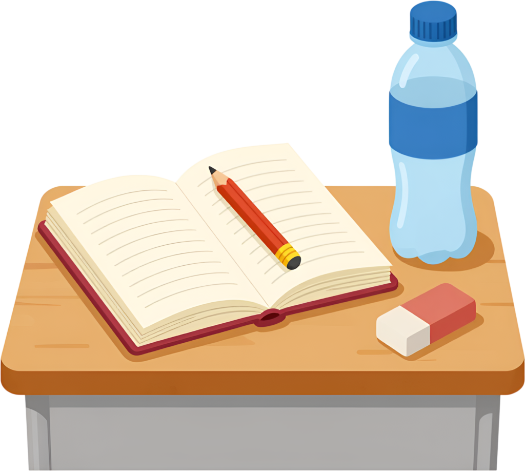 Create a focused learning environment with this organized school desk featuring an open book, pencil, water bottle, and eraser Clipart PNG 1 - Create a focused learning environment with this organized school desk featuring an open book, pencil, water bottle, and eraser Clipart PNG Free PNG Download