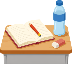 Create a focused learning environment with this organized school desk featuring an open book, pencil, water bottle, and eraser Clipart PNG