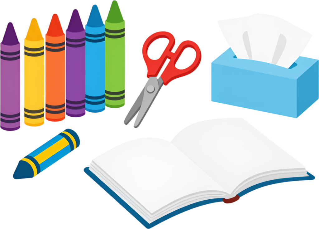 Inspire artistic expression with these colorful crayons, sharp scissors, a practical tissue box, and a blank open book Clipart PNG 1 - Inspire artistic expression with these colorful crayons, sharp scissors, a practical tissue box, and a blank open book Clipart PNG Free PNG Download