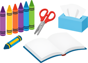 Inspire artistic expression with these colorful crayons, sharp scissors, a practical tissue box, and a blank open book Clipart PNG