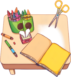 Encourage youthful creativity with this charming art table scene featuring crayons, markers, scissors, and an open book Clipart PNG